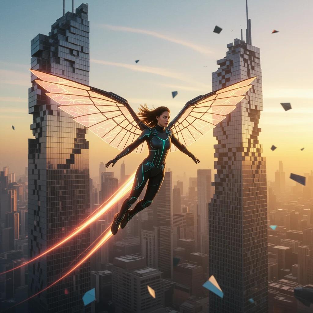 Eiza flies in a glowing aerodynamic wingsuit. Wind trails behind. Skyscrapers collapse in the background. Shards of glass surround her. Motion freezes in an urban landscape.