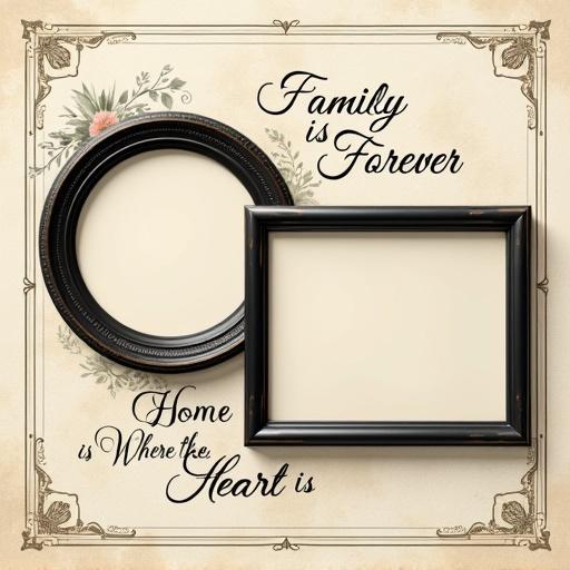Classic square family-themed photo collage. Two image areas styled as black frames. Top frame rectangular with beveled edge and gold lining. Bottom frame circular with embossed detailing. Background is soft ivory with filigree patterns. Features floral accents and ribbons. Includes English phrases in serif calligraphy.