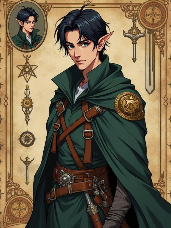 Semi-3D artwork of a half-elf male investigator showcased in dark fantasy style. Confidence portrayed through stance. Short pointed ears and gray-green eyes complement medium-length dark hair. Dressed in a travel cloak with insignia demonstrating role. Two swords visibly hanging from a belt. Background resembles ancient parchment with arcane symbols and investigative tools. Ink-drawn bust portrait in corner manifests pokerface expression.