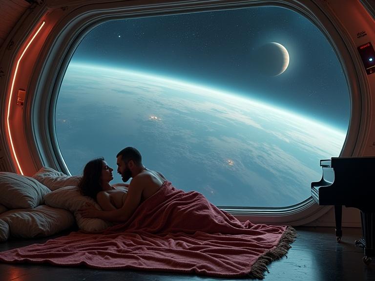 Panoramic lounge at the edge of a starship. Floor cushions and blankets are casually laid out. Huge window overlooks Saturn's rings. Young woman lies in her partner's lap. Both partially covered with a velvet throw. Ambient lighting from distant planetary glow. Blinking ship systems visible. Old self-playing grand piano in background. Melancholy meets intimacy. Calm atmosphere. Goosebumps visible. Breath condensation in cold air near glass. Highly cinematic and emotionally tender.