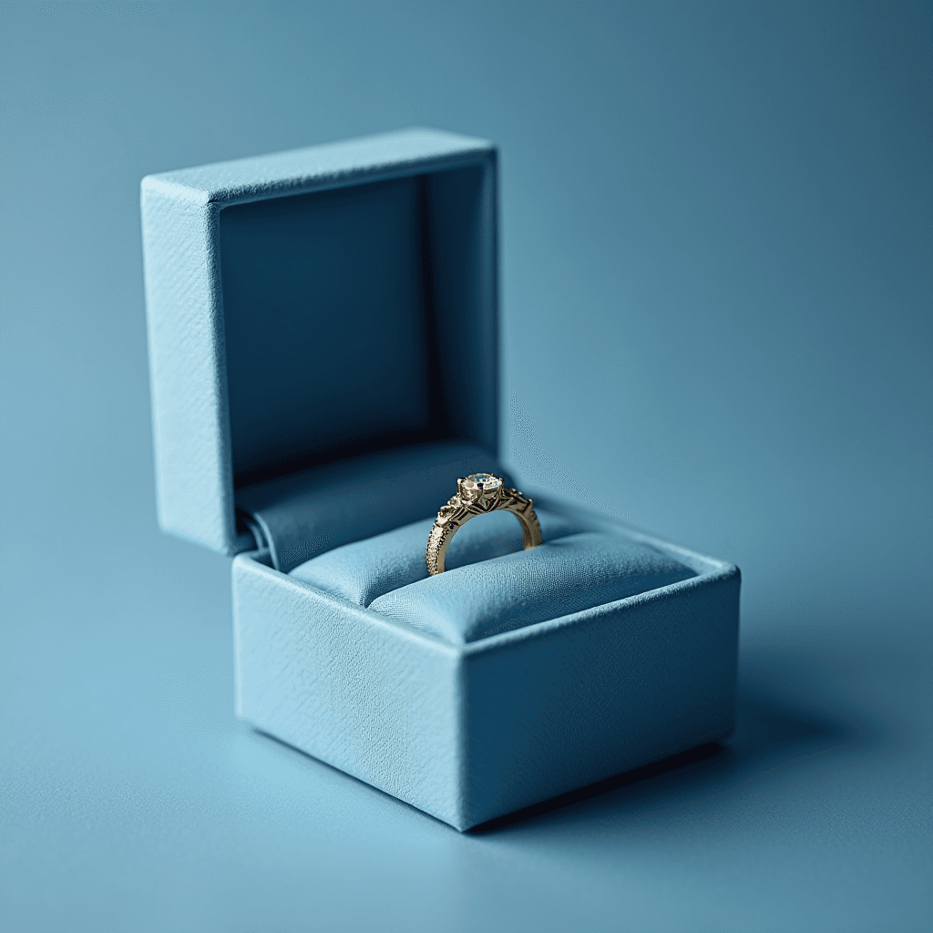 A gold ring with a sparkling diamond sits inside a blue velvet jewelry box.