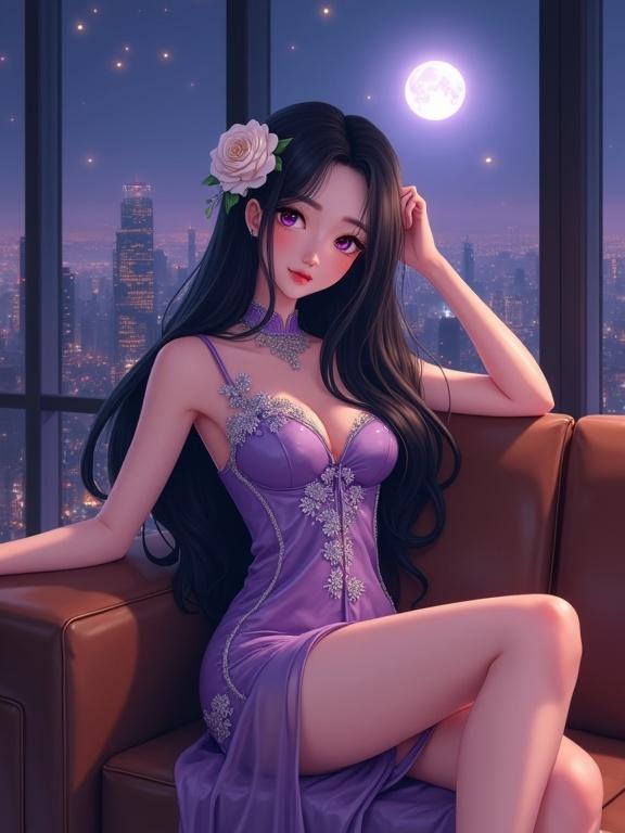 A semi-anime East Asian lady reclines on a light brown leather sofa. She has long dark violet hair. A white rose is behind one ear. Violet eyes are calm and seductive. A glossy violet cheongsam-style evening dress is embellished with silver floral embroidery. The dress has high slits and a sheer upper section. One arm rests behind her head while the other is on her thigh. The camera angle is low and slightly diagonal from her legs to her torso. Her elegantly crossed legs extend toward the foreground. The background shows a panoramic view of a glowing night city skyline with a bright full moon. The atmosphere conveys luxury and intimacy. The lighting is ultra-detailed and soft. The style is semi-realistic anime in 4K.