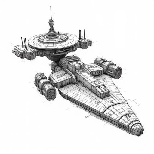 Intricate black and white line art illustration of a large space station. Technical drawing features a cylindrical core section and disc-shaped sensor array at the top. Modules, docking arms, and habitation rings are connected. Large thruster assemblies or docking ports at the base. Clean lines and light hatching. Isolated on white background.