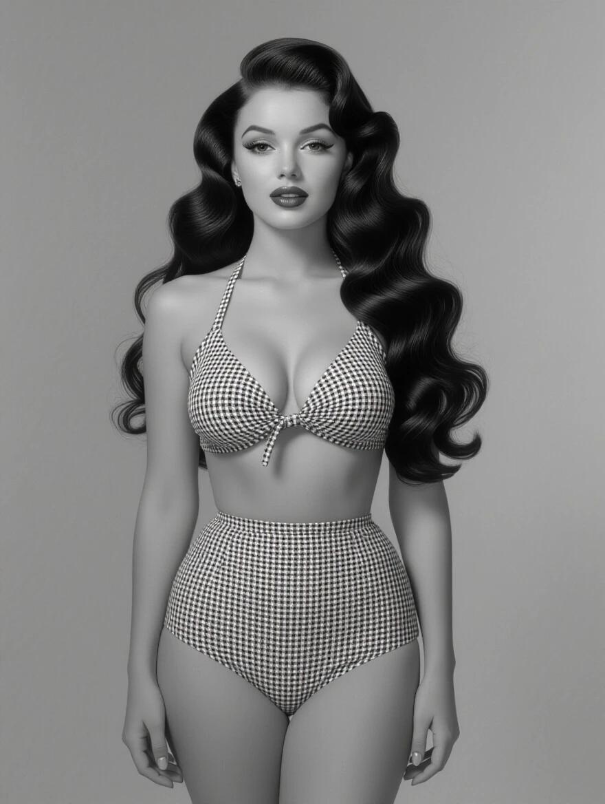 Full body frontal image featuring a model inspired by Marilyn Monroe from 1957. Black and white color scheme. Long brunette hair styled in waves. Model wearing a form-fitting bikini. Evoking vintage charm and glamour.