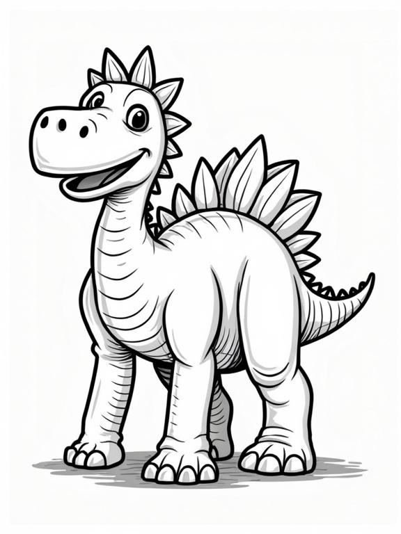 Cartoon dinosaur character for kids to color. Spinosaurus with a friendly expression. Detailed body features and spines. Suitable for children.