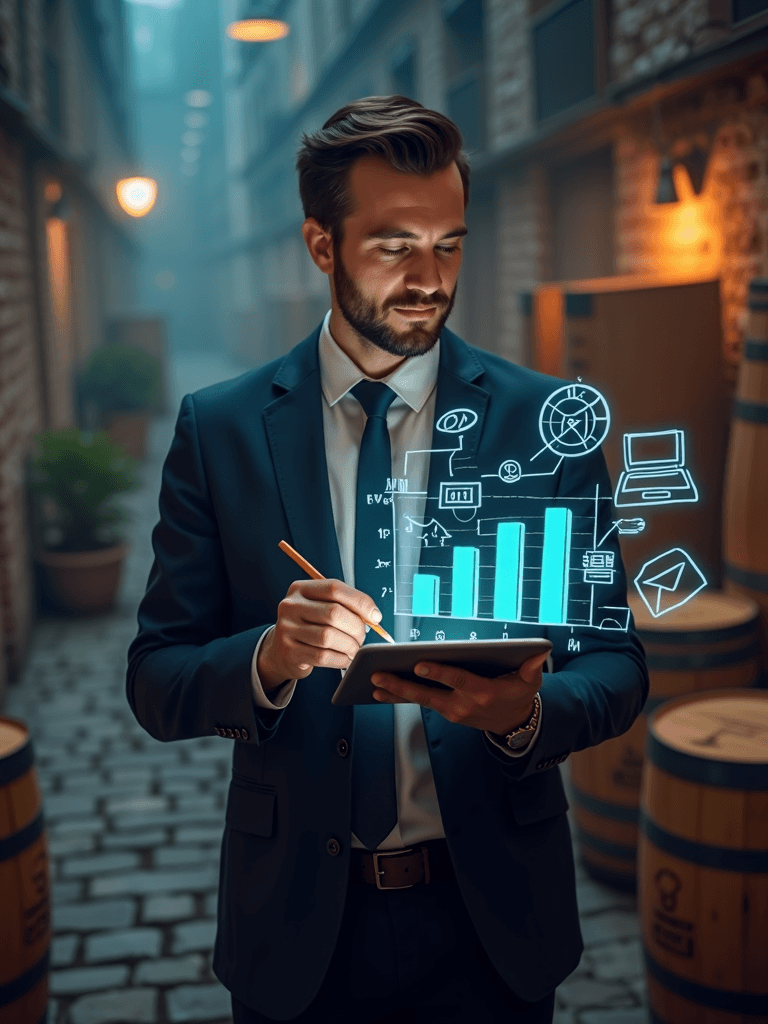 A man in a suit examines holographic data projections on a tablet in an alley.