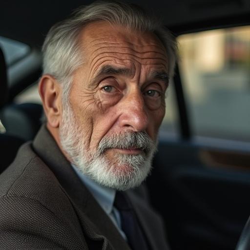 Close up portrait of an elderly man inside a car in a parking area.