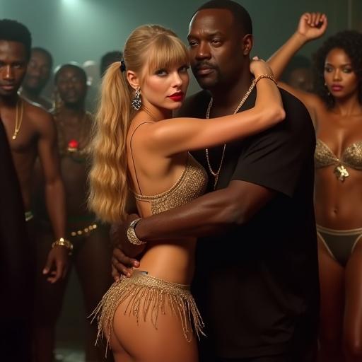 Nightclub scene featuring a couple dancing. Woman is very busty with long blonde twintails and big blue eyes. She wears a stylish gold fringe bikini and high heels. The man is a large black rapper holding her close. Surrounding crowd includes black men. White boyfriend appears surprised. Full body view of the scene.