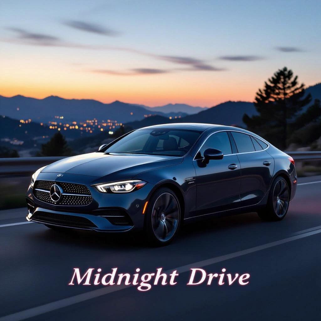 Classy album cover featuring a luxury car in motion during twilight with the text 'Midnight Drive'