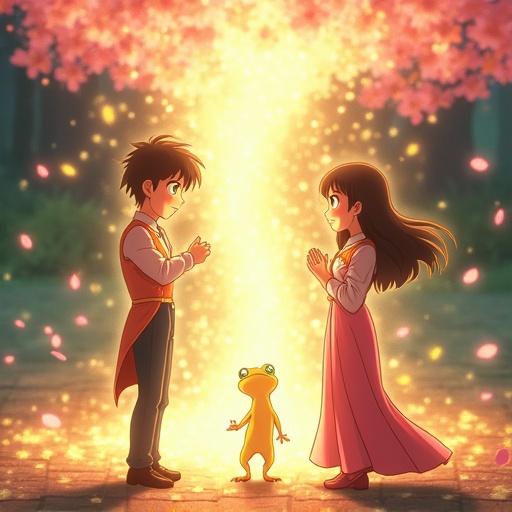 Scene features brilliant light from Kim kissing a gecko. Vibrant magical energy and cherry blossom petals fill the air. A handsome prince appears from where the gecko was. Kim looks amazed with wide eyes. Text emphasizes the magical moment. Animation includes magical particles and a smooth transformation sequence.