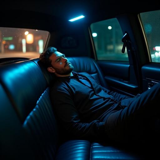 A man relaxes comfortably in the back seat of a luxury limousine at night. The interior features plush black leather with a cool blue overhead light creating a serene atmosphere. The scene exudes elegance and a sense of exclusivity.