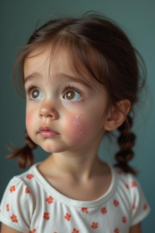 Little girl appears anxious. She has a disease on her arm. Brown hair with braids. Realistic features. Expresses fear of hospital.