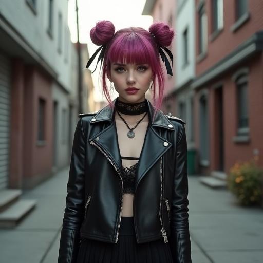 Hyper-realistic cute Eastern European goth punk woman standing in an American neighborhood alleyway. She has a warm cool smile and light golden hazel eyes. Colorful hair styled in two loose buns with black ribbons. Wearing a black leather studded biker jacket over a lace short skirtdress and has punk goth rings on beautiful manicured hands.