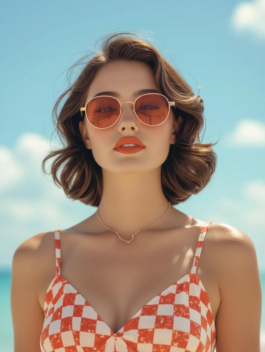 Hyper realistic photo reflects vintage summer vibes of woman in 40s wearing checked swimwear and necklace by the beach. Day is sunny with bright sky. Woman exhibits relaxed and carefree demeanor.