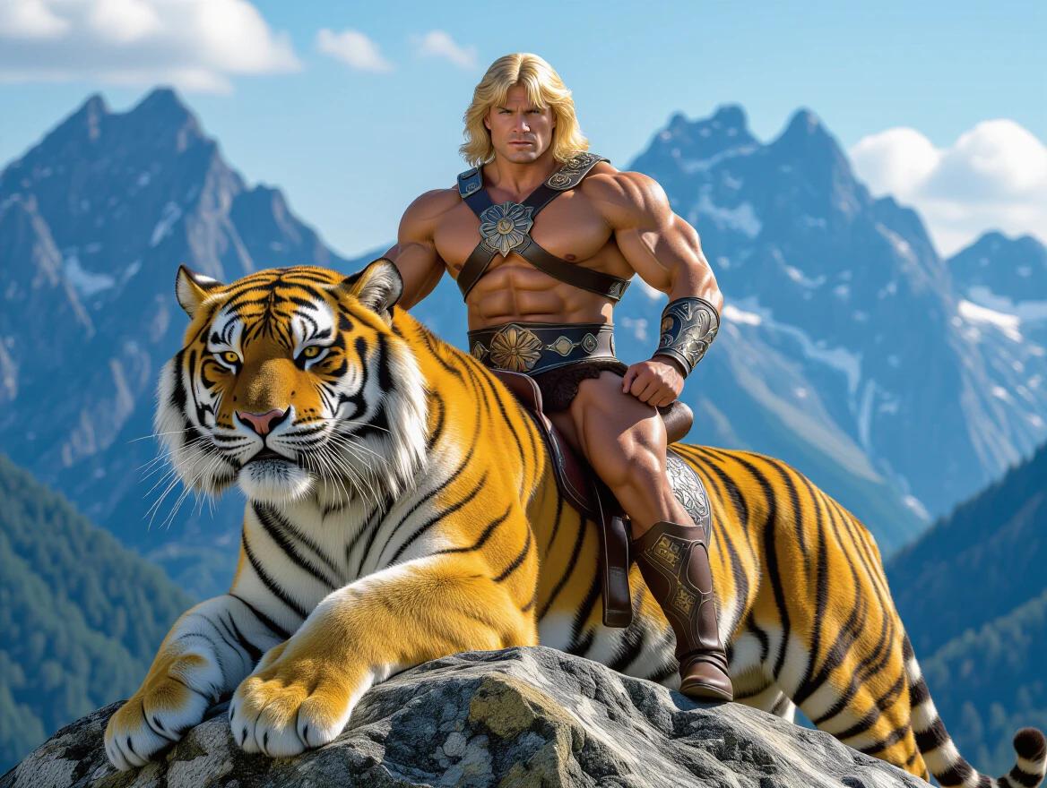 A muscular man poses as an action hero on a tiger. The man displays a strong physique and wears armor. A beautiful mountain landscape serves as the background. The scene captures the essence of adventure and fantasy.
