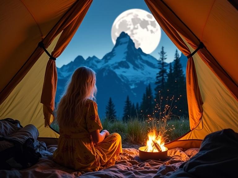 Inside a spacious tan canvas tent a lone female hiker with flowing silvery hair sits near the entrance gazing at an alpine vista under an enormous moon. A small fire burns in a metal container casting light on her yellow dress and the tent's interior. The tent reveals a majestic snow-capped mountain bathed in moonlight. Tall grasses and trees surround the tent with fireflies drifting among the foliage. The hiker contemplates the serene beauty nestled among her gear in the cool mountain air.