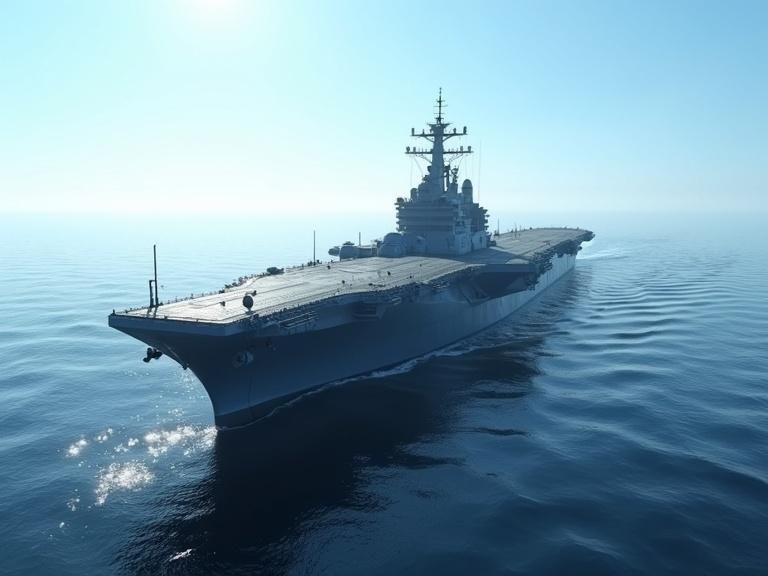 Sleek light grey sci-fi aircraft carrier in ocean under sunny blue sky. Focus on detail, realism, textures.