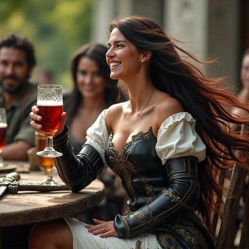 Charismatic female warrior sits at an outdoor tavern table. One leg up on a chair. Toasting with companions. Stylish black and white armor with gold accents. Revealing shoulders, midriff, and thighs. Long dark brown hair with crimson streaks flows in wind. Ornate Celtic sword leans on table. Flushed cheeks, laughing. Slightly loosened armor. Full-body view in daylight. Photorealistic, cinematic lighting, fantasy setting, joyful and relaxed mood.