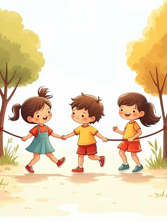 Children’s drawing style illustration with summer vibe. Three kids are skipping rope in a playground. Dark brown outlines, flat colors, clear separation between characters and background. Background is fully transparent. No sketchy or broken lines, no white outlines or shadows.