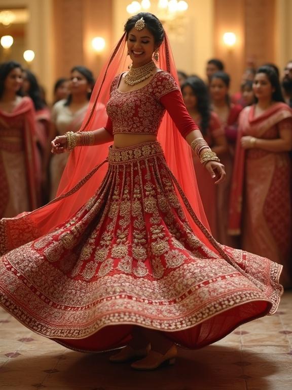 Bride dances joyfully. Her ornate lehenga twirls with her movements.