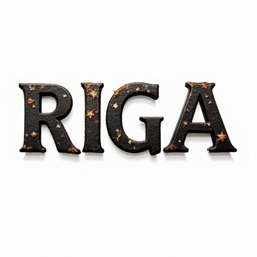 The image features old school text spelling the word RIGA against a white background. The text is styled with a distressed black appearance accented with hints of gold and brown.