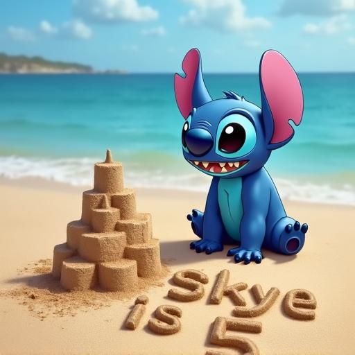 Stitch character on the beach with sand castle writing Skye is 5 in the sand