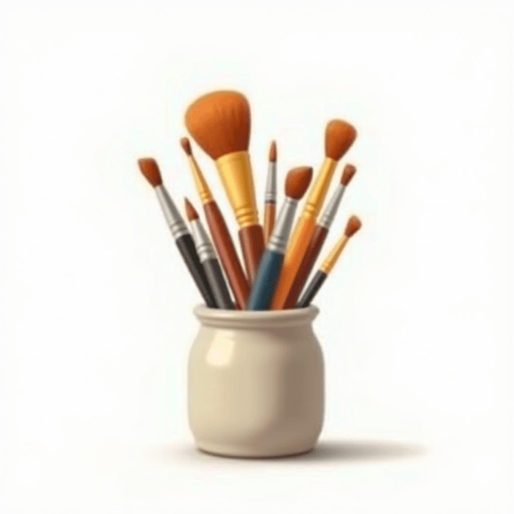 A collection of paintbrushes in a ceramic pot.