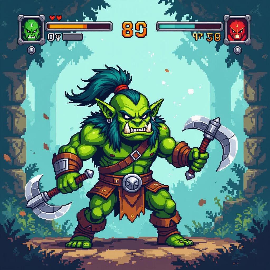 Sprite art of an orc. The orc is in a battle pose. The character carries two axes. The setting has a forest background. Focus on the orc's muscular build and fierce expression.