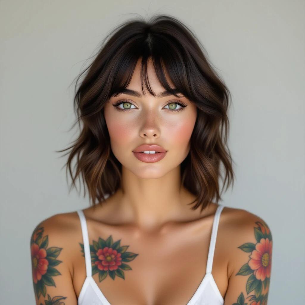 A beautiful girl with short, straight black hair and bangs. She has large green eyes, full lips, and is shown from the waist up. She has a completely tattooed arm with hibiscus flowers. Arms crossed in front of her chest.