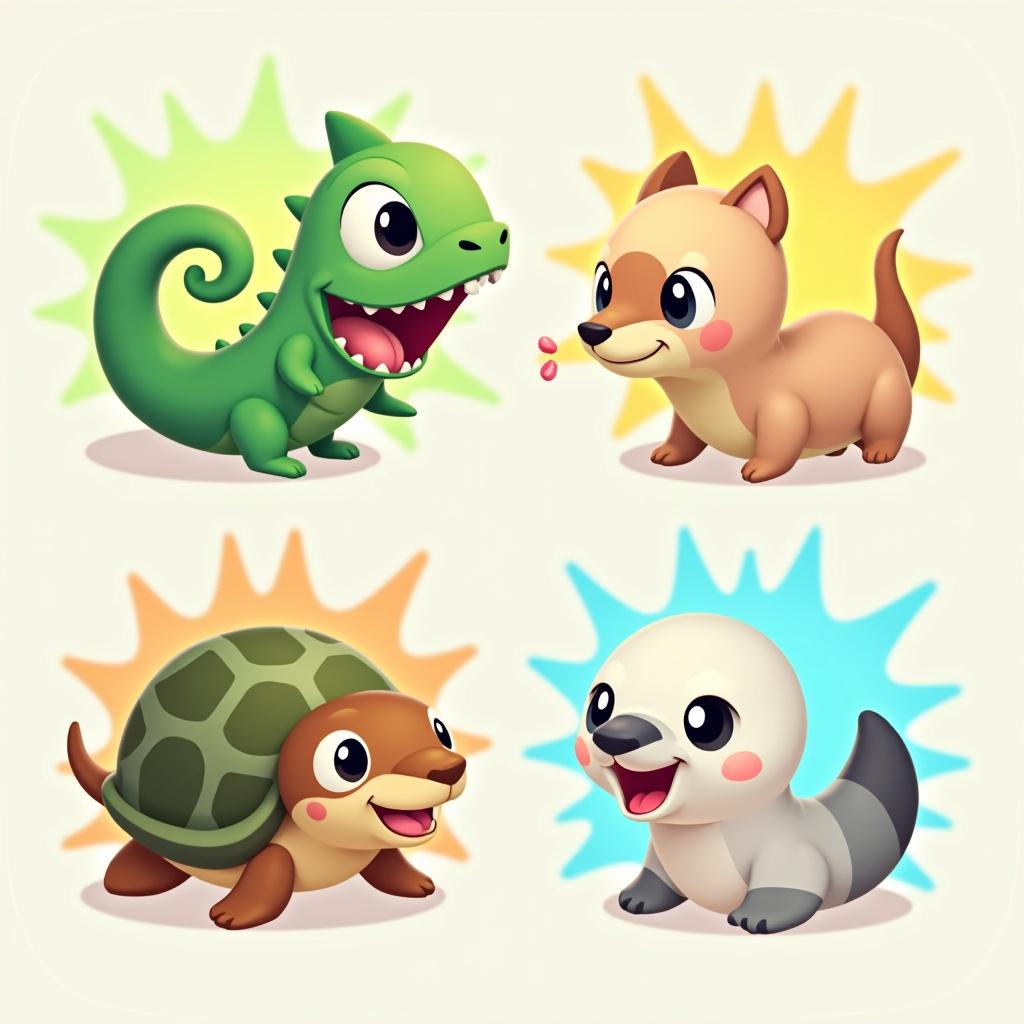 Minimalistic 3D cartoon-style animal avatars. Animals include a chameleon with a curled tongue, a fierce ferret with tiny fangs, a sturdy turtle with a beak-like mouth, and a cute seal with its mouth open. Each animal has exaggerated expressions, simplified anatomy, and bold outlines with a colorful burst background.