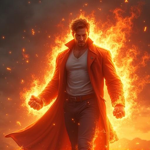 Anime character with powerful stance holding flames in hand. Fiery background creates a dramatic atmosphere. The character wears a stylish coat and exudes strength.