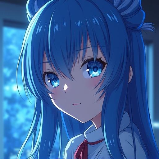 Anime portrait featuring a girl with blue hair and blue eyes. Soft lighting highlights her expression. She wears a white shirt with a red tie. Background is blurred, creating a focus on her face.