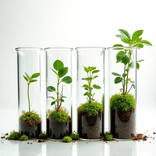 Four glass flasks arranged side-by-side. Each flask contains a different type of plant with soil and moss. The background is plain white. Plants grow separately in each flask. A shiny table surface reflects the contents of the flasks.