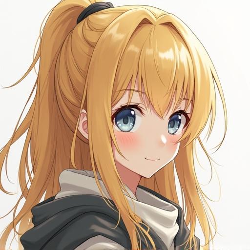 Anime girl with tall messy gold hair and a braid on her back. Character has bluish gray eyes. Full body illustration.
