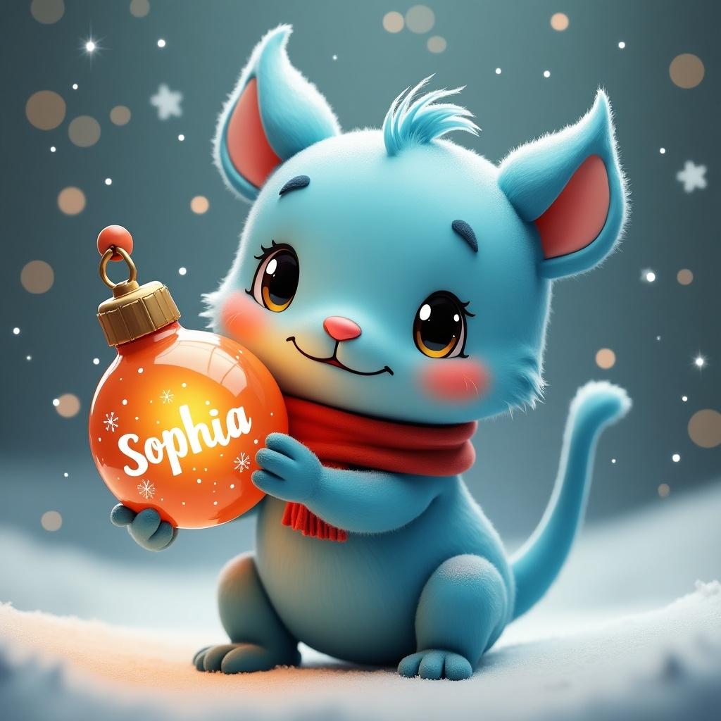 Cute Bluey character smiles while holding a personalized Christmas bulb labeled 'Sophia'. Character is blue with big eyes, wearing a red scarf, surrounded by snow and blurred lights.