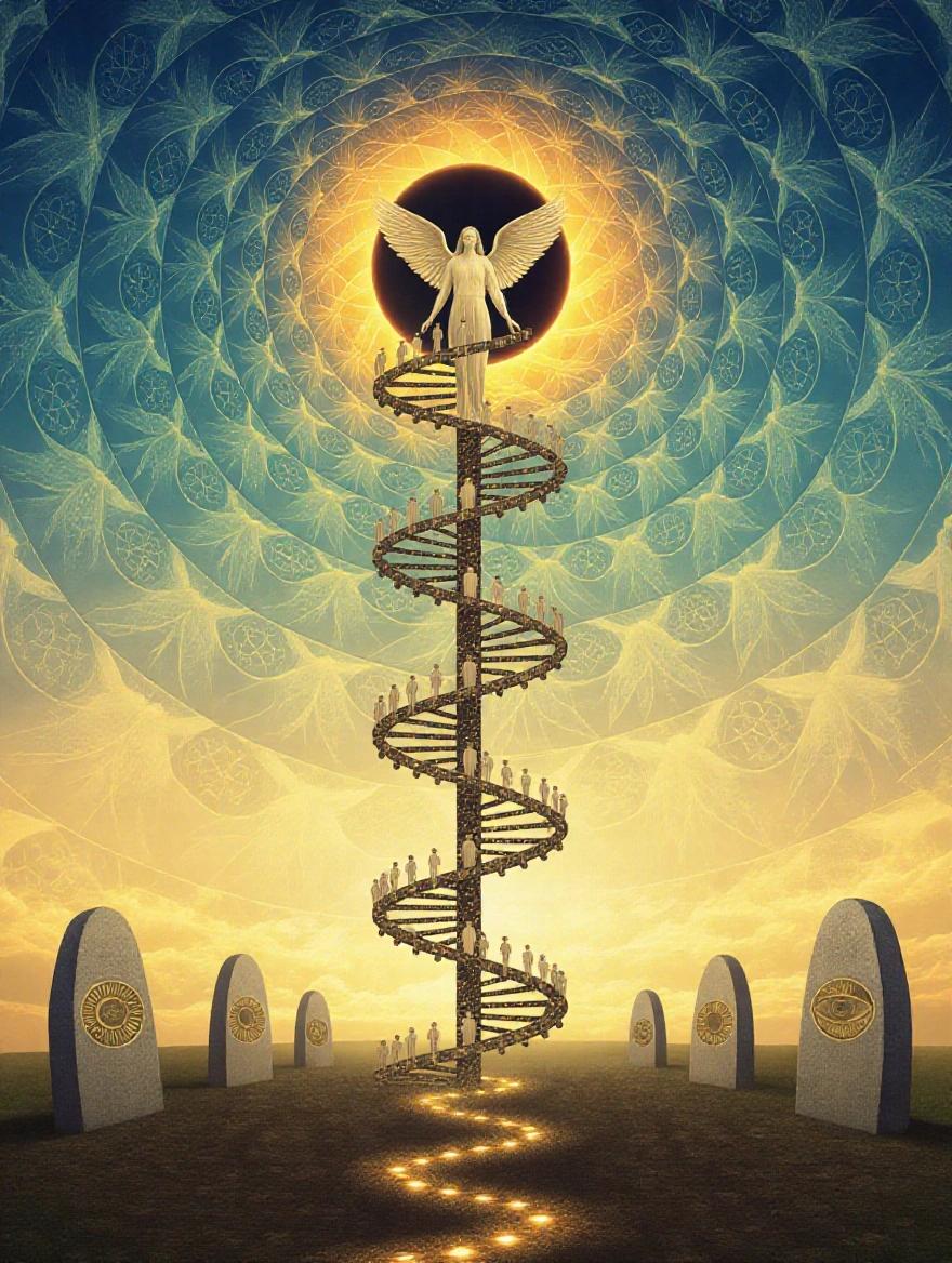 Depiction of an infinite spiral of souls. Vertical helix of human figures. Eclipsed sun in background. Angelic silhouette at center. Descending souls dissolve. Souls turning into stars. Vertical stones with symbols. Subterranean lights creating pathways. Fractal face of angel.