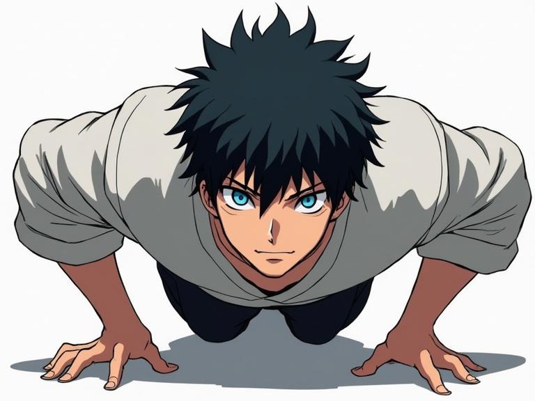 A male character in Bleach anime style with black spiky hair and striking blue eyes doing push ups on the floor. The character is depicted in a dynamic position emphasizing strength and determination.