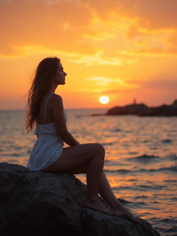 A serene scene features a woman sitting on a rock by the ocean during sunset. The ocean reflects warm colors. The sky glows with oranges and yellows. The horizon shows the sun setting softly. The photo evokes feelings of tranquility.