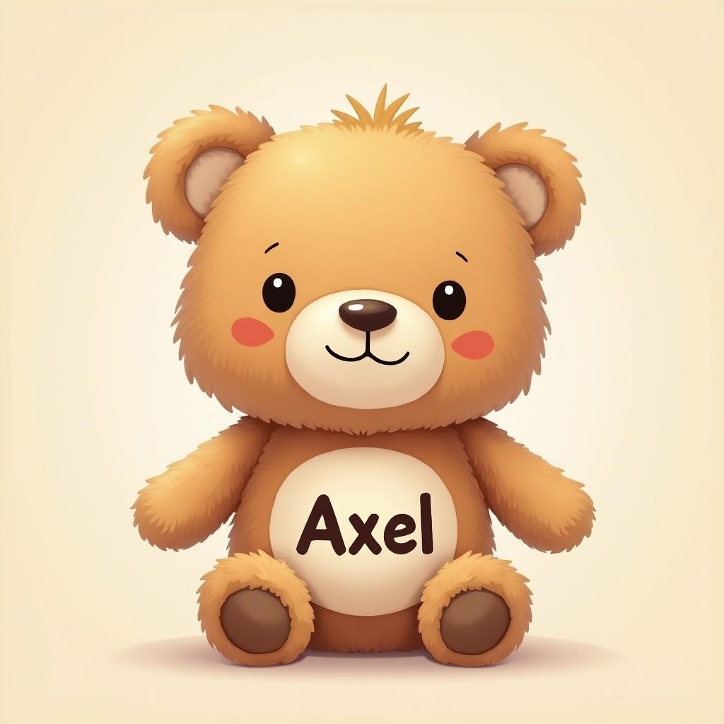 Cute teddy bear character designed with the name 'Axel' on its belly. The teddy bear is fluffy with a friendly expression and soft colors. It sits upright and has rosy cheeks.