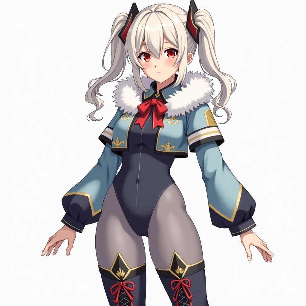 A tall female model character inspired by Genshin Impact. Character features light blondish white hair styled in two ponytails. Eyes are a dull red. Attire includes a dark grey-blue body suit reaching the thighs. Wears a cropped light blue jacket with fur around the collar. A big red ribbon and gold trim adorns the jacket. Grey sheer tights with black garters. Dark blue-grey knee high boots with gold laces and fur at the top. Red ribbon and gold trim on the heels of the boots.