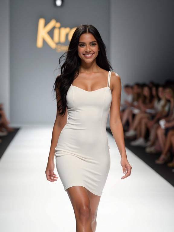 A young woman with long black hair smiles at the camera walking down a catwalk. She wears a white bodycon dress with thin straps. The backdrop features a Kira Shop sign.