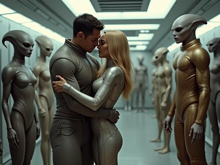 A futuristic spaceship interior setting with medium lighting. A young man hugs his beautiful star mother in a sleek space suit. Around them stand different kinds of aliens in advanced suits. Nearby shorter humanoids and tall majestic alien beings in ornate uniforms. The scene conveys love and connection among diverse beings.