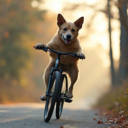 A happy dog rides a bicycle along a scenic pathway with autumn foliage.
