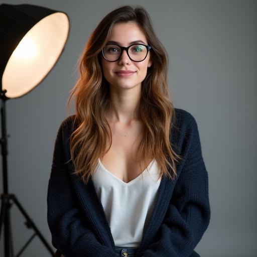Depiction of a young woman with long, dark-blond, wavy hair. She wears black-framed glasses and a low-cut white blouse. A dark-blue sweater is worn open. Young woman has expressive brown eyes and a relaxed smile. She sits calmly in a photography studio. Soft light illuminates the scene with a neutral background. Her posture is relaxed, hands resting on her lap.