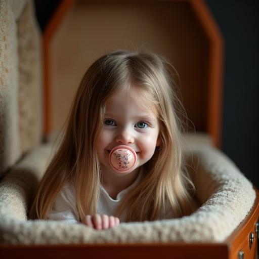 Ten year old girl plays in an open casket. She smiles with an oversized pacifier. Mother pretends to close the lid playfully.