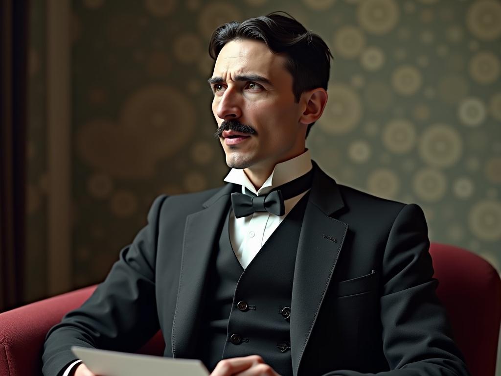 Realistic depiction of Nikola Tesla as a news speaker in formal attire. He appears engaged as he speaks. The background features a classic design.