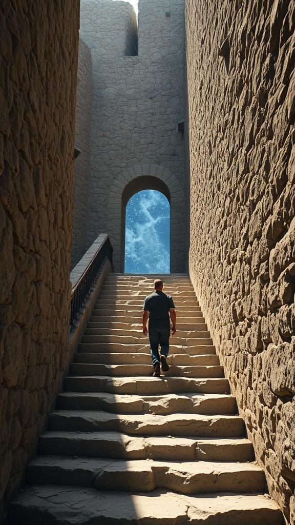 A solitary figure ascends a stone stairway within an ancient, fortress-like structure. The scene is illuminated by natural light streaming through an arched opening ahead, revealing a surreal view of a starry space sky. The image juxtaposes the earthly stone textures with the ethereal vision of the cosmos, provoking thoughts of exploration and the mystical journey from the mundane to the extraordinary.