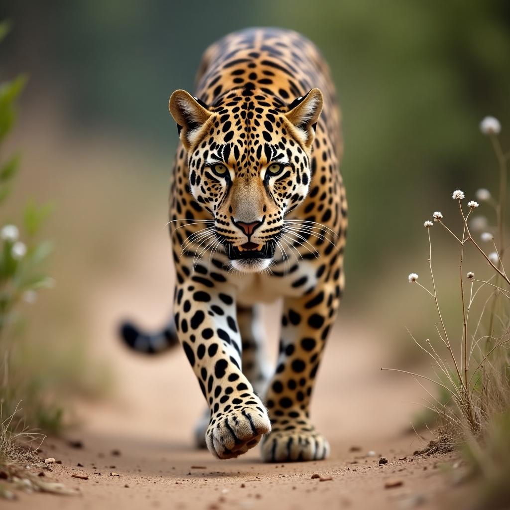 Leopard walking forward on a dirt path in a natural setting. The leopard has a sleek, spotted coat and is focused ahead. The background is softly blurred, suggesting a lush habitat.