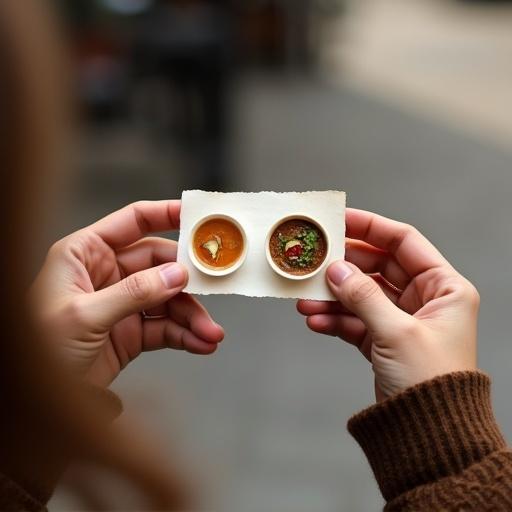 A person's perspective from over their shoulder holding a small piece of paper. One side has a picture of vegetable soup and the other side has a picture of coffee. The theme is brown and white.