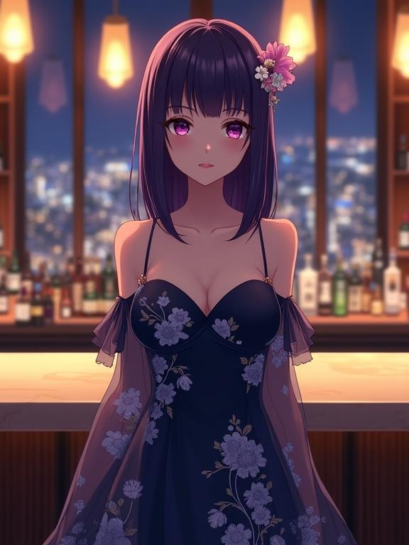 A beautiful anime woman with shoulder-length dark violet hair and a kanzashi stands in front of a luxurious bar. She wears an elegant, dark blue off-the-shoulder gown with floral patterns. The gown has a sweetheart neckline. The bar is modern, with warm lighting and bottles behind her. A cityscape is visible through a window. The scene evokes sophistication and calmness. The image quality is high, captured in fashion photography style with shallow depth of field.